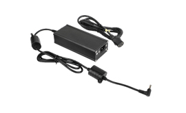 Black laptop power adapter with detachable AC plug and cord on a white background