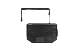 Compact black laptop viewed from above, with keyboard, touchpad, and an attached short cable extending from the top edge