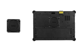Two black rugged devices: a small square module on the left and a larger rectangular handheld unit on the right with a circular camera lens on its back.