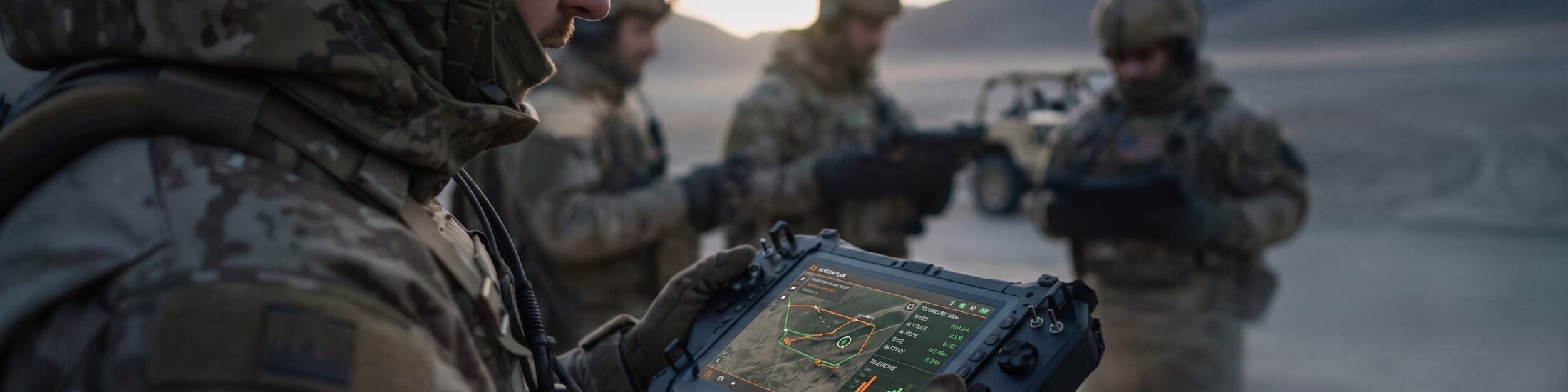 Soldiers in camouflage use a rugged handheld tablet with a map interface outdoors in a desert setting.