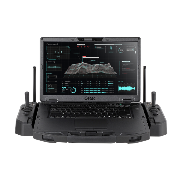 Rugged Getac laptop with dual joystick controllers on either side, open to display a data dashboard and 3D terrain graph.