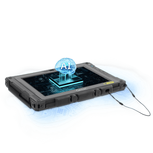 Rugged Getac tablet on a glowing circuit-pattern surface with a blue AI hologram above the screen labeled AI.