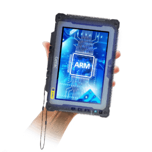 Rugged handheld tablet displaying a blue ARM processor graphic on its screen, held in a user's hand.