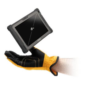 Gloved hand holding a rugged 8-inch Getac tablet at a diagonal angle.
